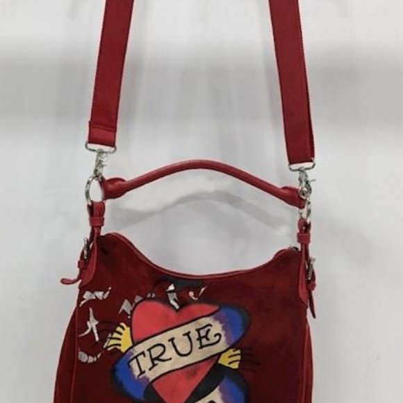 ED HARDY RED SUEDE LEATHER SHOULDER BAG - Picture 3 of 6